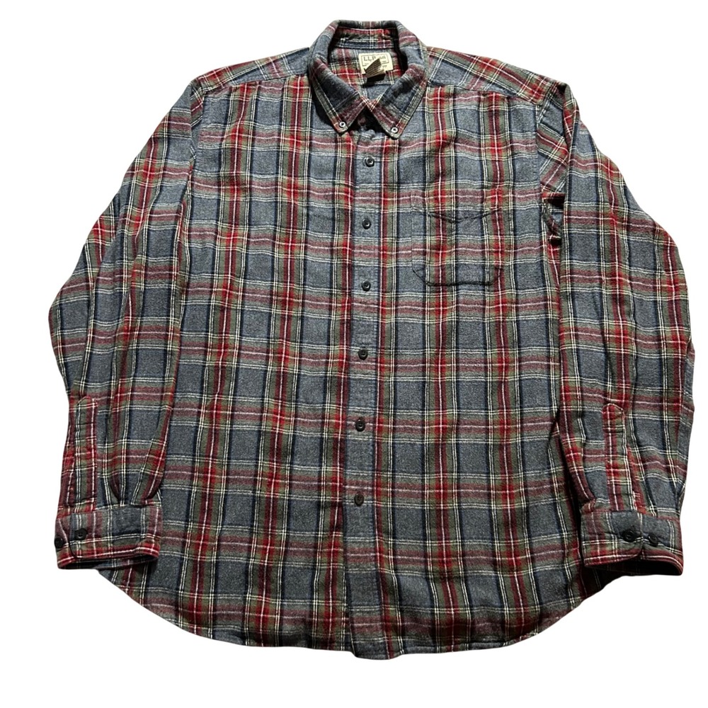 LL Bean Flannel Shirt Mens L Grey Red Plaid Traditional Fit Button Down 228061